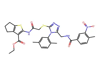 ethyl 2-(2-{[4-(2,5-dimethylphenyl)-5-{[(4-methyl-3-nitrophenyl)formamido]methyl}-4H-1,2,4-triazol-3-yl]sulfanyl}acetamido)-4H,5H,6H-cyclopenta[b]thiophene-3-carboxylate structure
