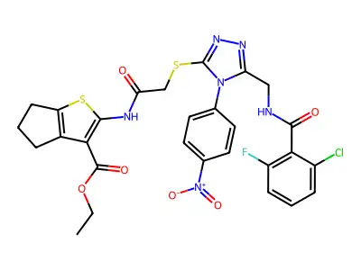 ethyl 2-{2-[(5-{[(2-chloro-6-fluorophenyl)formamido]methyl}-4-(4-nitrophenyl)-4H-1,2,4-triazol-3-yl)sulfanyl]acetamido}-4H,5H,6H-cyclopenta[b]thiophene-3-carboxylate structure