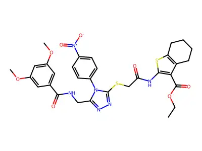 ethyl 2-{2-[(5-{[(3,5-dimethoxyphenyl)formamido]methyl}-4-(4-nitrophenyl)-4H-1,2,4-triazol-3-yl)sulfanyl]acetamido}-4,5,6,7-tetrahydro-1-benzothiophene-3-carboxylate structure