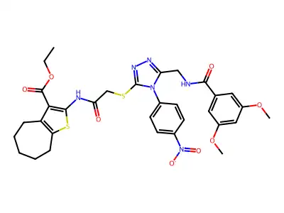 ethyl 2-(2-((5-((3,5-dimethoxybenzamido)methyl)-4-(4-nitrophenyl)-4H-1,2,4-triazol-3-yl)thio)acetamido)-5,6,7,8-tetrahydro-4H-cyclohepta[b]thiophene-3-carboxylate structure