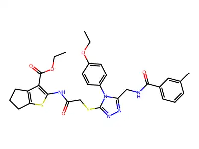 ethyl 2-(2-{[4-(4-ethoxyphenyl)-5-{[(3-methylphenyl)formamido]methyl}-4H-1,2,4-triazol-3-yl]sulfanyl}acetamido)-4H,5H,6H-cyclopenta[b]thiophene-3-carboxylate structure