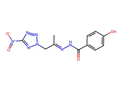 4-hydroxy-N-[(E)-1-(5-nitrotetrazol-2-yl)propan-2-ylideneamino]benzamide structure