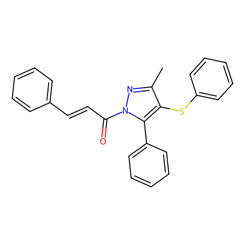 3-methyl-5-phenyl-1-[(2E)-3-phenylprop-2-enoyl]-4-(phenylthio)-1H-pyrazole structure