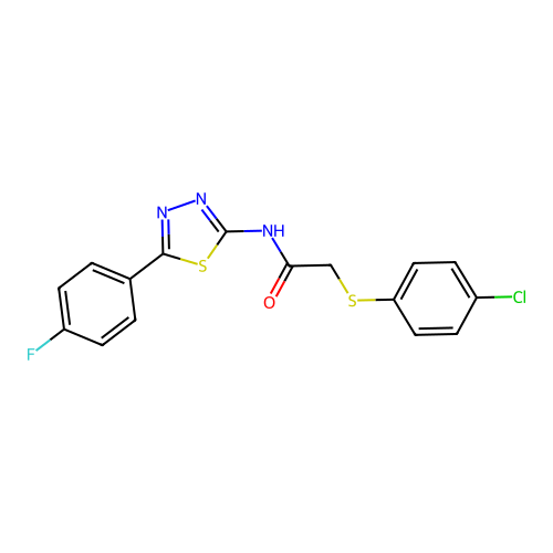2-((4-chlorophenyl)thio)-N-(5-(4-fluorophenyl)-1,3,4-thiadiazol-2-yl)acetamide structure