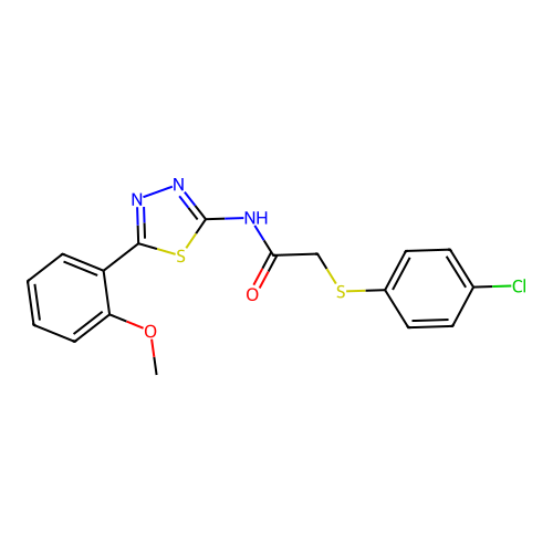 2-((4-chlorophenyl)thio)-N-(5-(2-methoxyphenyl)-1,3,4-thiadiazol-2-yl)acetamide structure