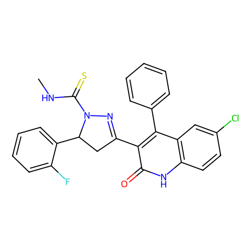 3-(6-chloro-2-oxo-4-phenyl-1,2-dihydroquinolin-3-yl)-5-(2-fluorophenyl)-N-methyl-4,5-dihydro-1H-pyrazole-1-carbothioamide structure
