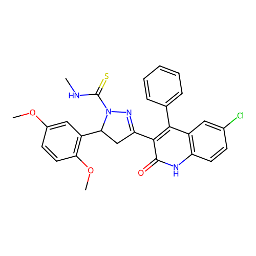 3-(6-chloro-2-hydroxy-4-phenylquinolin-3-yl)-5-(2,5-dimethoxyphenyl)-N-methyl-4,5-dihydro-1H-pyrazole-1-carbothioamide structure