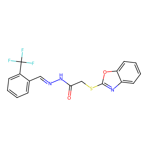 (E)-2-(benzo[d]oxazol-2-ylthio)-N'-(2-(trifluoromethyl)benzylidene)acetohydrazide structure
