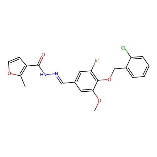 (E)-N'-(3-bromo-4-((2-chlorobenzyl)oxy)-5-methoxybenzylidene)-2-methylfuran-3-carbohydrazide structure