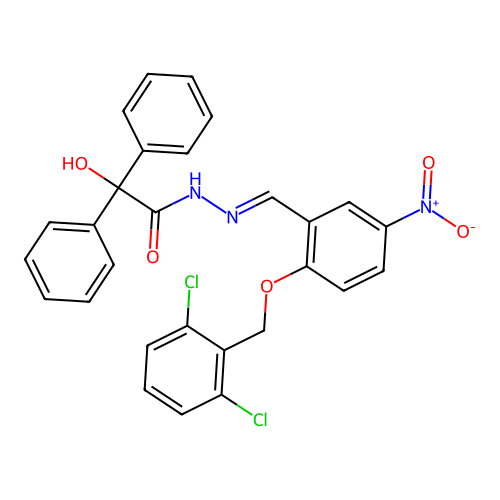 N-[(E)-[2-[(2,6-dichlorophenyl)methoxy]-5-nitrophenyl]methylideneamino]-2-hydroxy-2,2-diphenylacetamide structure