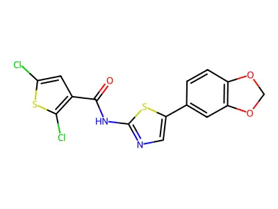N-(5-(benzo[d][1,3]dioxol-5-yl)thiazol-2-yl)-2,5-dichlorothiophene-3-carboxamide structure