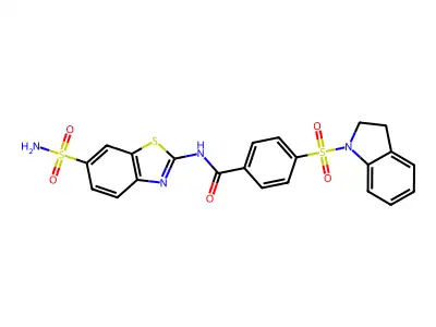 4-(indolin-1-ylsulfonyl)-N-(6-sulfamoylbenzo[d]thiazol-2-yl)benzamide structure