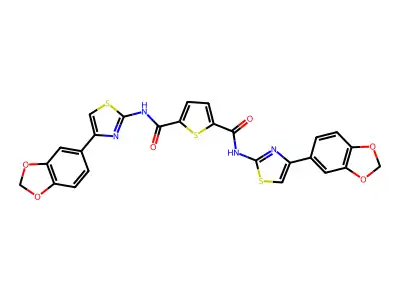 N2,N5-bis(4-(benzo[d][1,3]dioxol-5-yl)thiazol-2-yl)thiophene-2,5-dicarboxamide structure