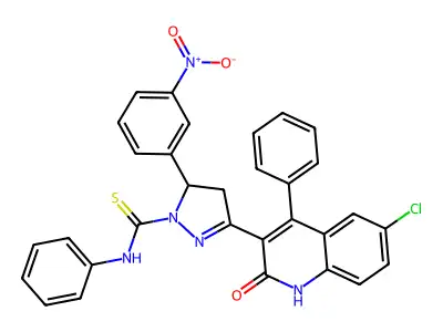 3-(6-chloro-2-hydroxy-4-phenylquinolin-3-yl)-5-(3-nitrophenyl)-N-phenyl-4,5-dihydro-1H-pyrazole-1-carbothioamide structure