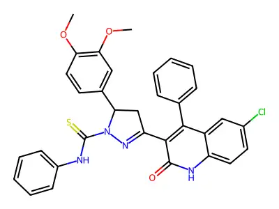 3-(6-chloro-2-hydroxy-4-phenylquinolin-3-yl)-5-(3,4-dimethoxyphenyl)-N-phenyl-4,5-dihydro-1H-pyrazole-1-carbothioamide structure