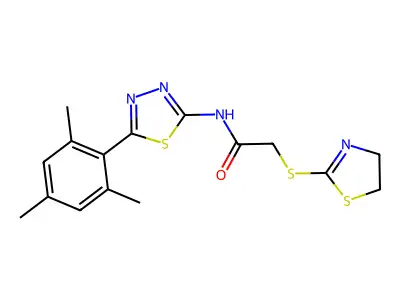 2-((4,5-dihydrothiazol-2-yl)thio)-N-(5-mesityl-1,3,4-thiadiazol-2-yl)acetamide structure
