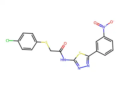 2-((4-chlorophenyl)thio)-N-(5-(3-nitrophenyl)-1,3,4-thiadiazol-2-yl)acetamide structure