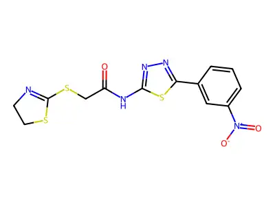 2-(4,5-dihydro-1,3-thiazol-2-ylsulfanyl)-N-[5-(3-nitrophenyl)-1,3,4-thiadiazol-2-yl]acetamide structure