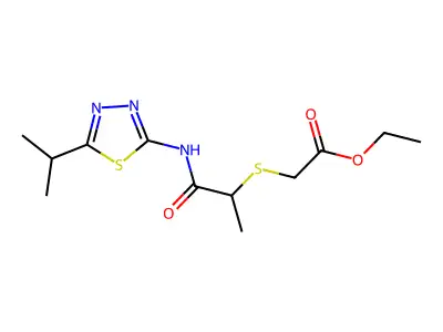 ethyl 2-((1-((5-isopropyl-1,3,4-thiadiazol-2-yl)amino)-1-oxopropan-2-yl)thio)acetate structure