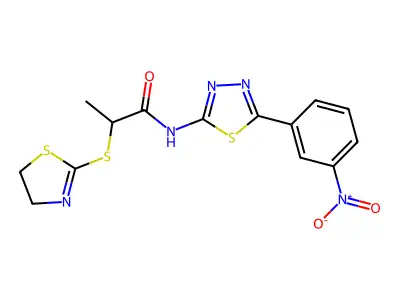 2-(4,5-dihydro-1,3-thiazol-2-ylsulfanyl)-N-[5-(3-nitrophenyl)-1,3,4-thiadiazol-2-yl]propanamide structure