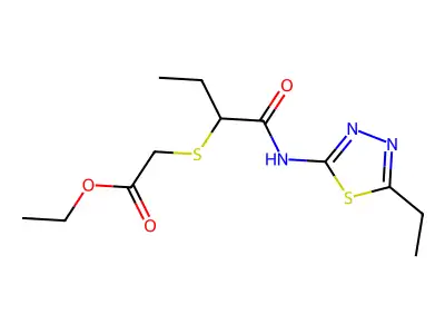 Ethyl 2-((1-((5-ethyl-1,3,4-thiadiazol-2-yl)amino)-1-oxobutan-2-yl)thio)acetate structure