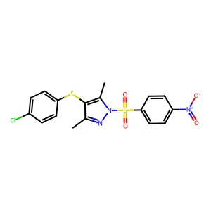 4-((4-chlorophenyl)thio)-3,5-dimethyl-1-((4-nitrophenyl)sulfonyl)-1H-pyrazole structure