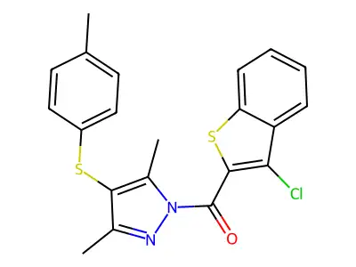 1-(3-chloro-1-benzothiophene-2-carbonyl)-3,5-dimethyl-4-[(4-methylphenyl)sulfanyl]-1H-pyrazole structure