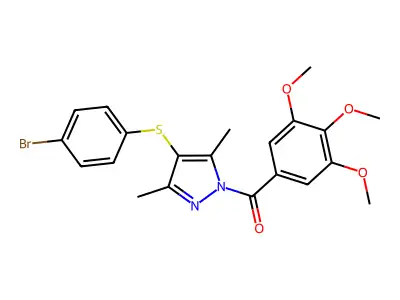 (4-((4-bromophenyl)thio)-3,5-dimethyl-1H-pyrazol-1-yl)(3,4,5-trimethoxyphenyl)methanone structure