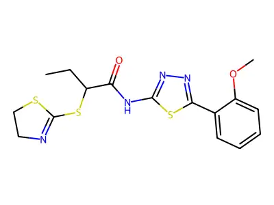 2-((4,5-dihydrothiazol-2-yl)thio)-N-(5-(2-methoxyphenyl)-1,3,4-thiadiazol-2-yl)butanamide structure