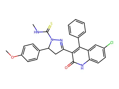 3-(6-chloro-2-oxo-4-phenyl-1,2-dihydroquinolin-3-yl)-5-(4-methoxyphenyl)-N-methyl-4,5-dihydro-1H-pyrazole-1-carbothioamide structure