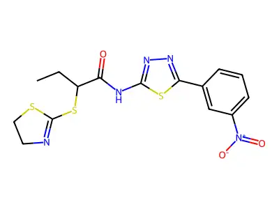 2-(4,5-dihydro-1,3-thiazol-2-ylsulfanyl)-N-[5-(3-nitrophenyl)-1,3,4-thiadiazol-2-yl]butanamide structure