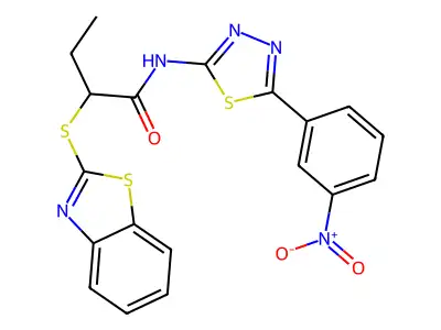 2-(1,3-benzothiazol-2-ylsulfanyl)-N-[5-(3-nitrophenyl)-1,3,4-thiadiazol-2-yl]butanamide structure