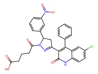 5-(3-(6-chloro-2-oxo-4-phenyl-1,2-dihydroquinolin-3-yl)-5-(3-nitrophenyl)-4,5-dihydro-1H-pyrazol-1-yl)-5-oxopentanoic acid structure