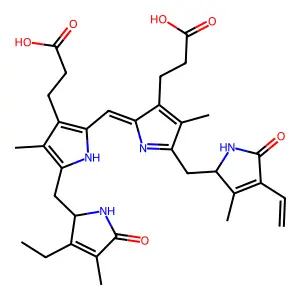 3-[2-[[3-(2-carboxyethyl)-5-[(3-ethyl-4-methyl-5-oxo-1,2-dihydropyrrol-2-yl)methyl]-4-methyl-1H-pyrrol-2-yl]methylidene]-5-[(4-ethenyl-3-methyl-5-oxo-1,2-dihydropyrrol-2-yl)methyl]-4-methylpyrrol-3-yl]propanoic acid structure