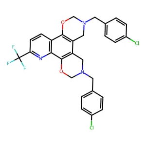 3,6-bis(4-chlorobenzyl)-10-(trifluoromethyl)-2,3,4,5,6,7-hexahydrobis[1,3]oxazino[6,5-f:5',6'-h]quinoline structure