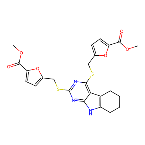 dimethyl 5,5'-(((6,7,8,9-tetrahydro-5H-pyrimido[4,5-b]indole-2,4-diyl)bis(sulfanediyl))bis(methylene))bis(furan-2-carboxylate) structure