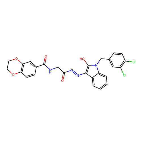 (Z)-N-(2-(2-(1-(3,4-dichlorobenzyl)-2-oxoindolin-3-ylidene)hydrazinyl)-2-oxoethyl)-2,3-dihydrobenzo[b][1,4]dioxine-6-carboxamide structure