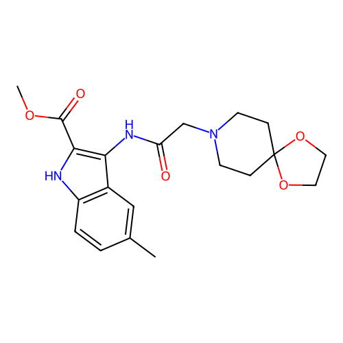 Methyl 3-[[2-(1,4-dioxa-8-azaspiro[4.5]decan-8-yl)acetyl]amino]-5-methyl-1H-indole-2-carboxylate structure