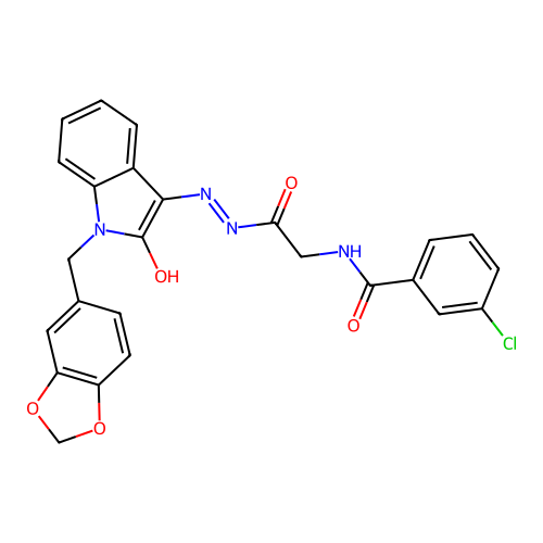 (Z)-N-(2-(2-(1-(benzo[d][1,3]dioxol-5-ylmethyl)-2-oxoindolin-3-ylidene)hydrazinyl)-2-oxoethyl)-3-chlorobenzamide structure