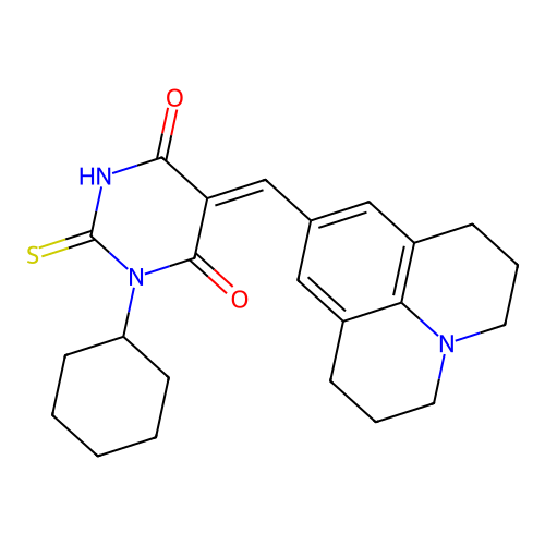 (5Z)-1-cyclohexyl-2-sulfanyl-5-(2,3,6,7-tetrahydro-1H,5H-pyrido[3,2,1-ij]quinolin-9-ylmethylidene)pyrimidine-4,6(1H,5H)-dione structure