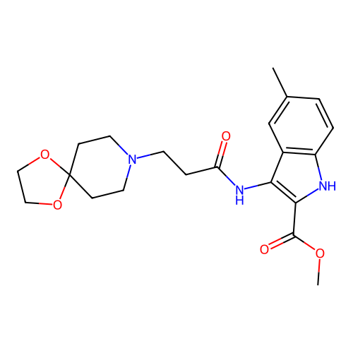 Methyl 3-[3-(1,4-dioxa-8-azaspiro[4.5]decan-8-yl)propanoylamino]-5-methyl-1H-indole-2-carboxylate structure