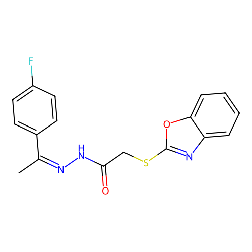 (Z)-2-(benzo[d]oxazol-2-ylthio)-N'-(1-(4-fluorophenyl)ethylidene)acetohydrazide structure