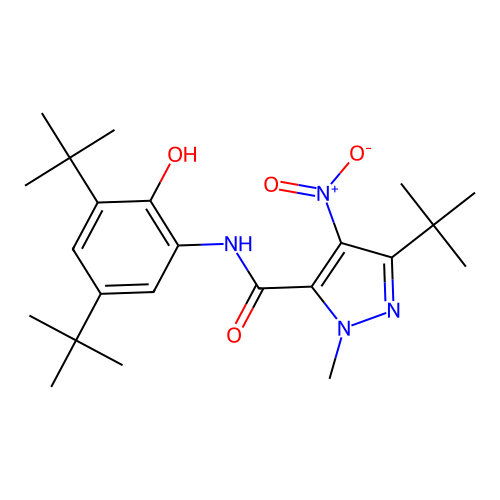 5-tert-butyl-N-(3,5-ditert-butyl-2-hydroxyphenyl)-2-methyl-4-nitropyrazole-3-carboxamide structure