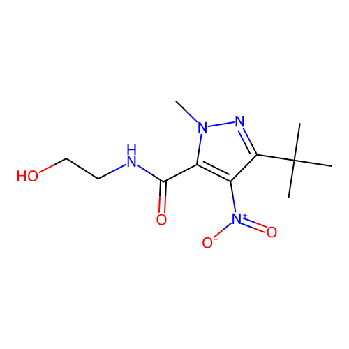 3-tert-butyl-N-(2-hydroxyethyl)-1-methyl-4-nitro-1H-pyrazole-5-carboxamide structure
