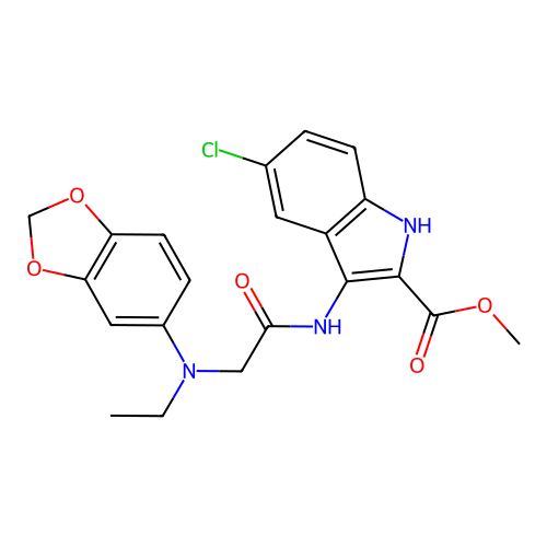 methyl 3-[[2-[1,3-benzodioxol-5-yl(ethyl)amino]acetyl]amino]-5-chloro-1H-indole-2-carboxylate structure