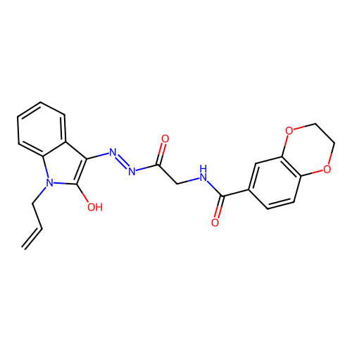 (E)-N-(2-(2-(1-allyl-2-oxoindolin-3-ylidene)hydrazinyl)-2-oxoethyl)-2,3-dihydrobenzo[b][1,4]dioxine-6-carboxamide structure