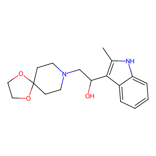 2-(1,4-dioxa-8-azaspiro[4.5]dec-8-yl)-1-(2-methyl-1H-indol-3-yl)ethanol structure