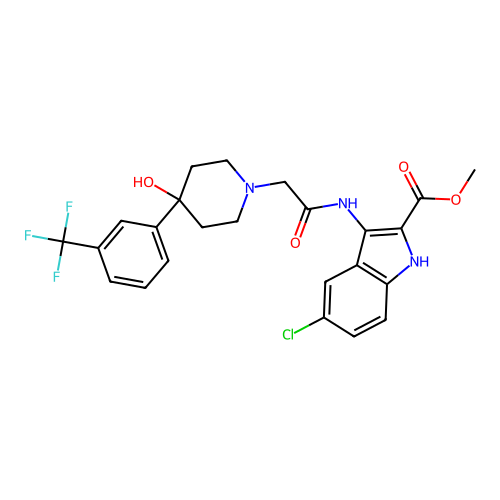 methyl 5-chloro-3-(2-(4-hydroxy-4-(3-(trifluoromethyl)phenyl)piperidin-1-yl)acetamido)-1H-indole-2-carboxylate structure