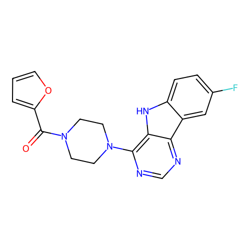 (4-(8-fluoro-5H-pyrimido[5,4-b]indol-4-yl)piperazin-1-yl)(furan-2-yl)methanone structure