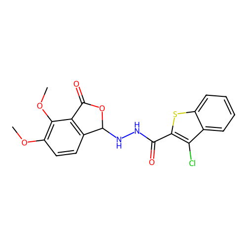 3-chloro-N'-(4,5-dimethoxy-3-oxo-1H-2-benzofuran-1-yl)-1-benzothiophene-2-carbohydrazide structure